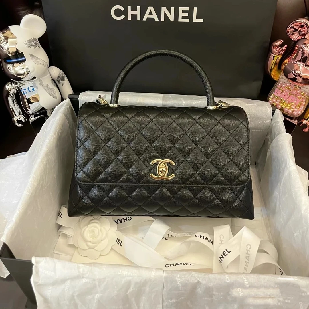 99新 Chanel/香奈儿 黑金coco handle鱼子酱芯片中号链条包4497