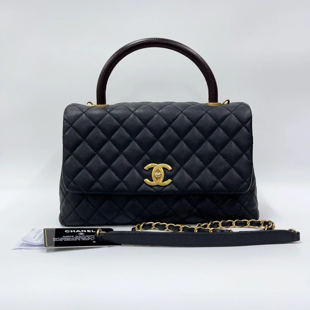 99新 Chanel/香奈儿 未开价黑金coco handle鱼子酱中号链条包7902