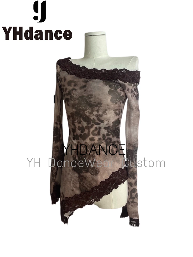 YHDANCE拉丁舞豹纹蕾丝罩衫c217