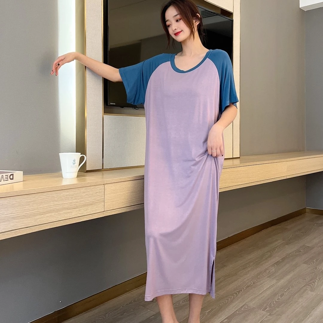 高品质莫代尔拼接家居连衣裙睡裙