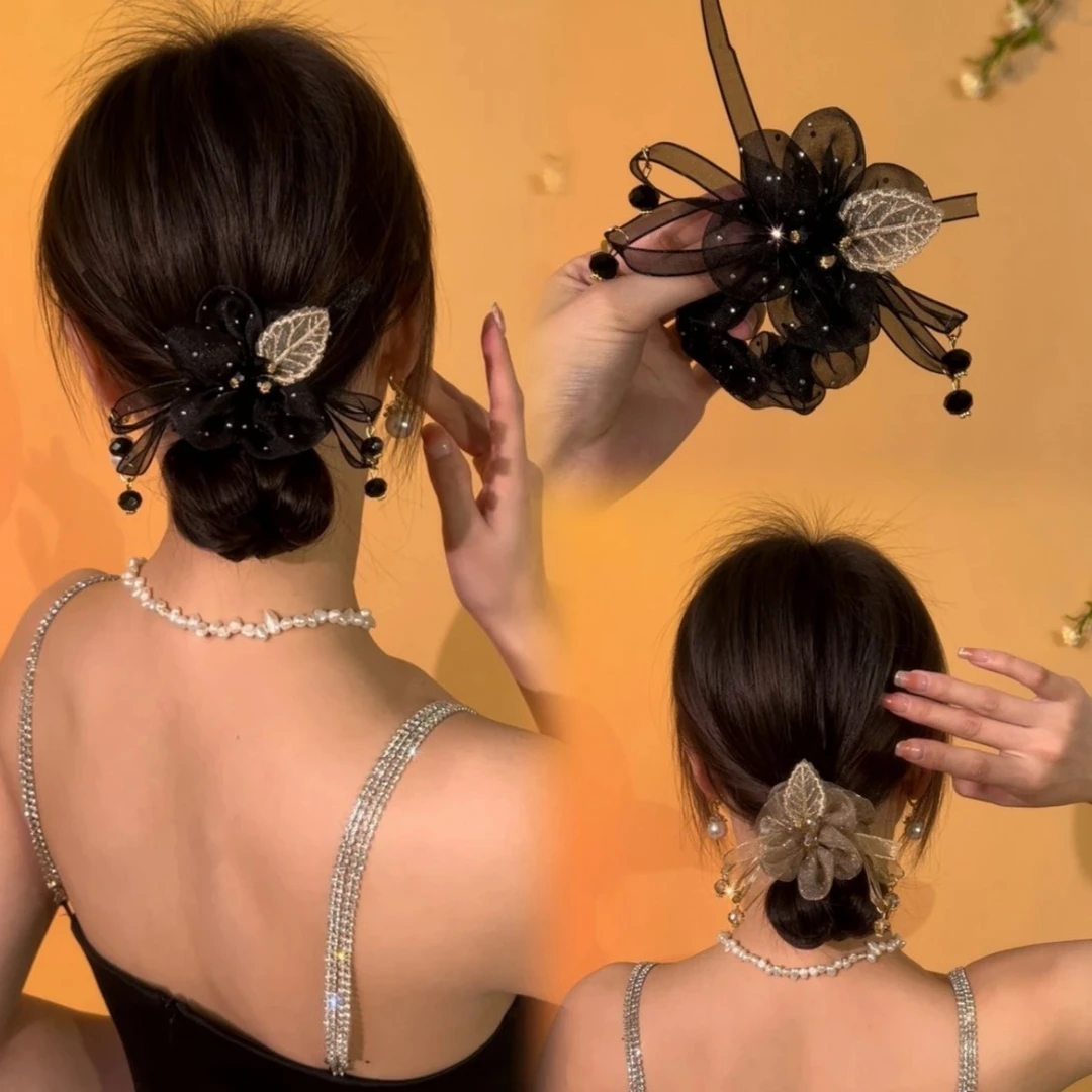 2023新款欧根纱花朵大肠发圈高级感精致头绳优雅气质网纱发饰发绳