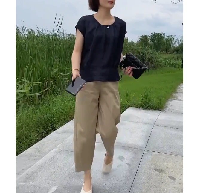 2024夏季新款时尚女装网红高级感休闲薄款纯色上衣裤子菇凉