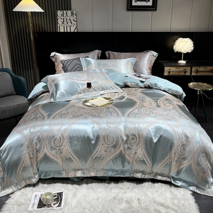 【四季款】水蓝之星 贡缎提花蓝色四件套亲肤裸睡透气轻奢被套欧式1