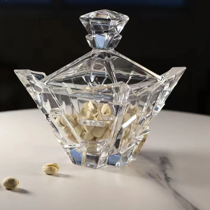 欧式水晶四角杯糖果罐带盖家用玻璃干果盒糖缸储物罐收纳盒