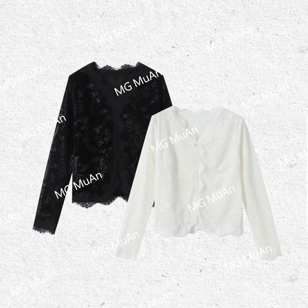 木岸【约会打底】MUAN定制巴黎法式简约蕾丝V领长袖上衣女YJ-23606