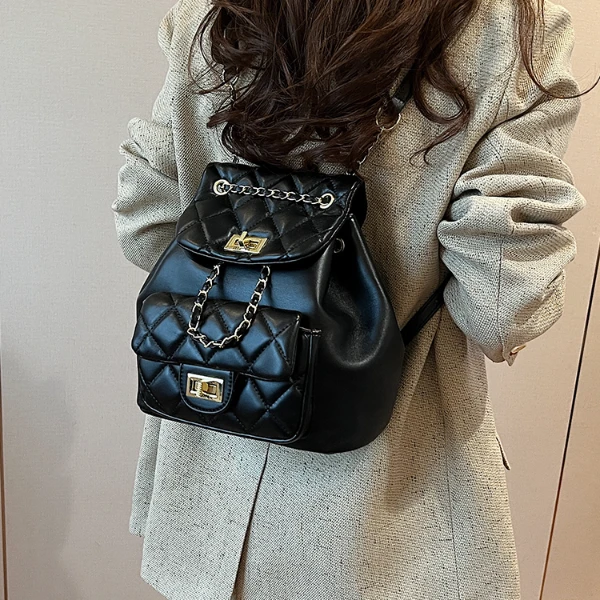 夏天出游旅行女式双肩包2024新款百搭菱格链条后背包学生迷你书包