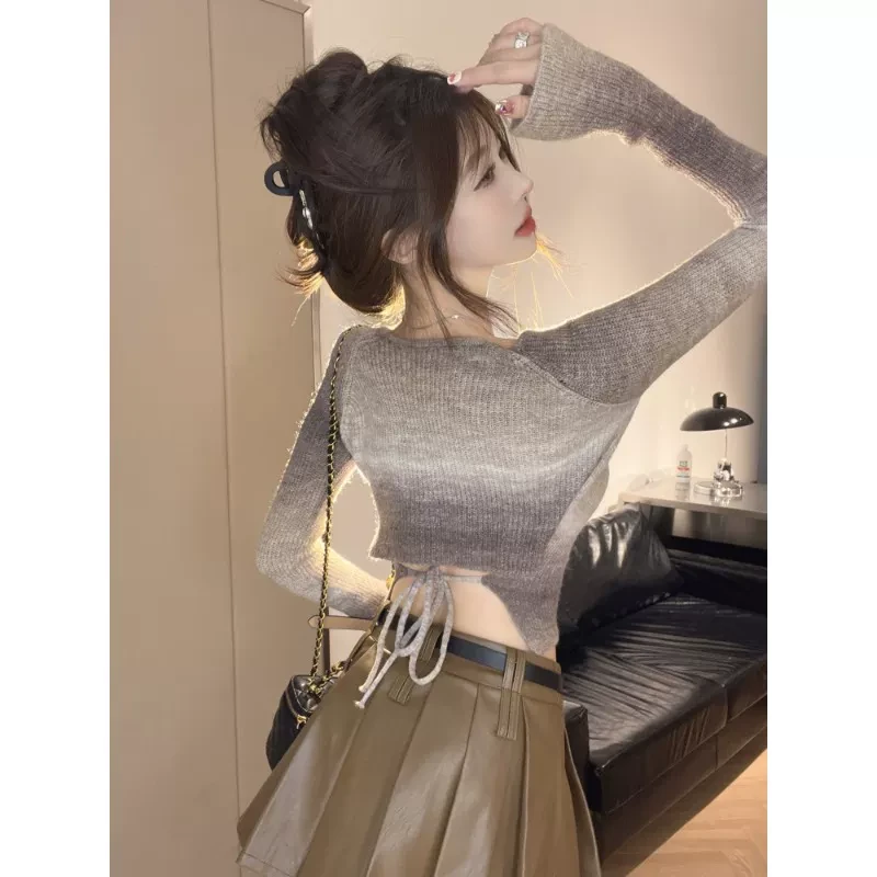 喇叭十三行渐变短款上衣女设感广州针织衫后背系绑带小个子长袖