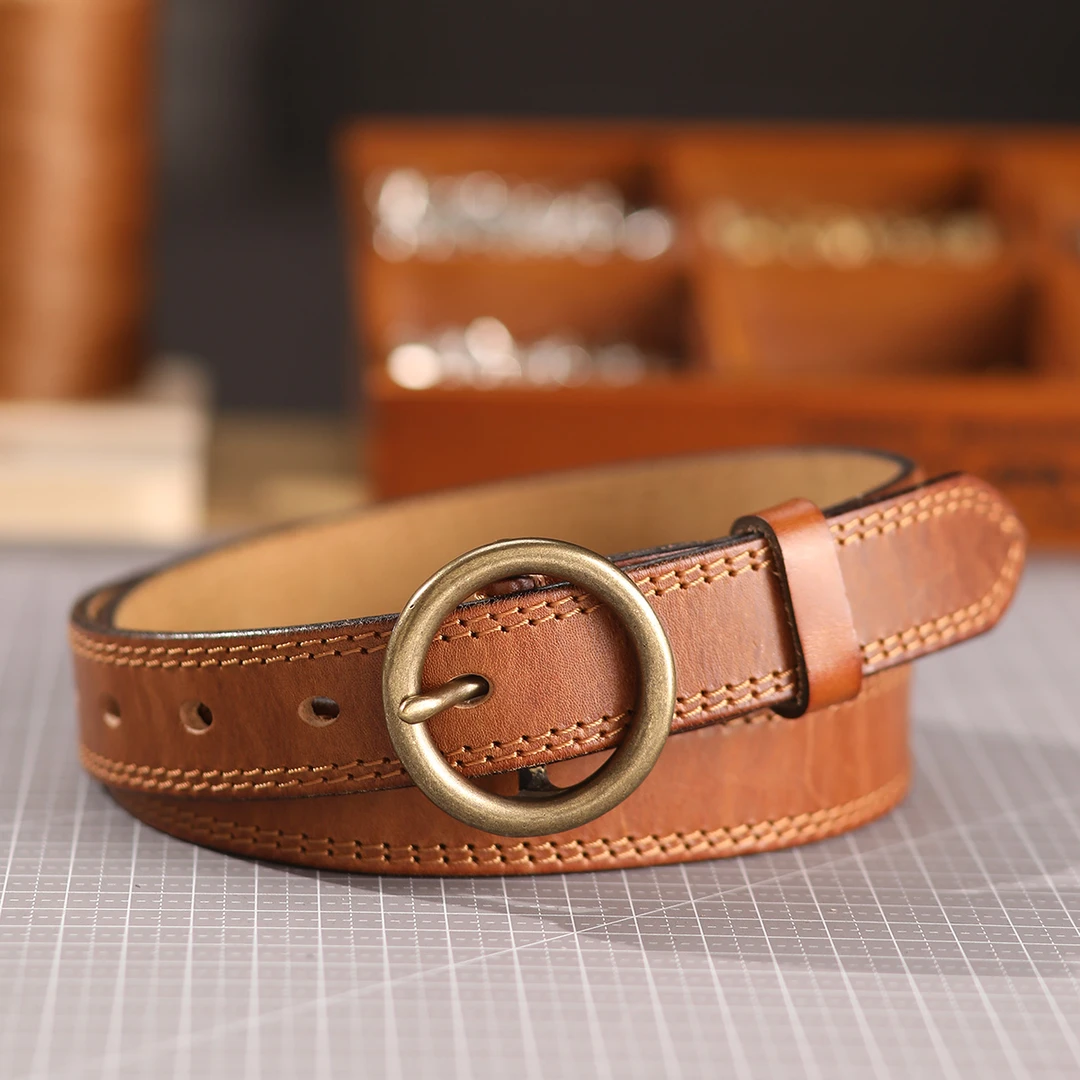 复古手工美式纯铜针扣腰带女士牛皮带女简约百搭港风牛仔软文艺潮