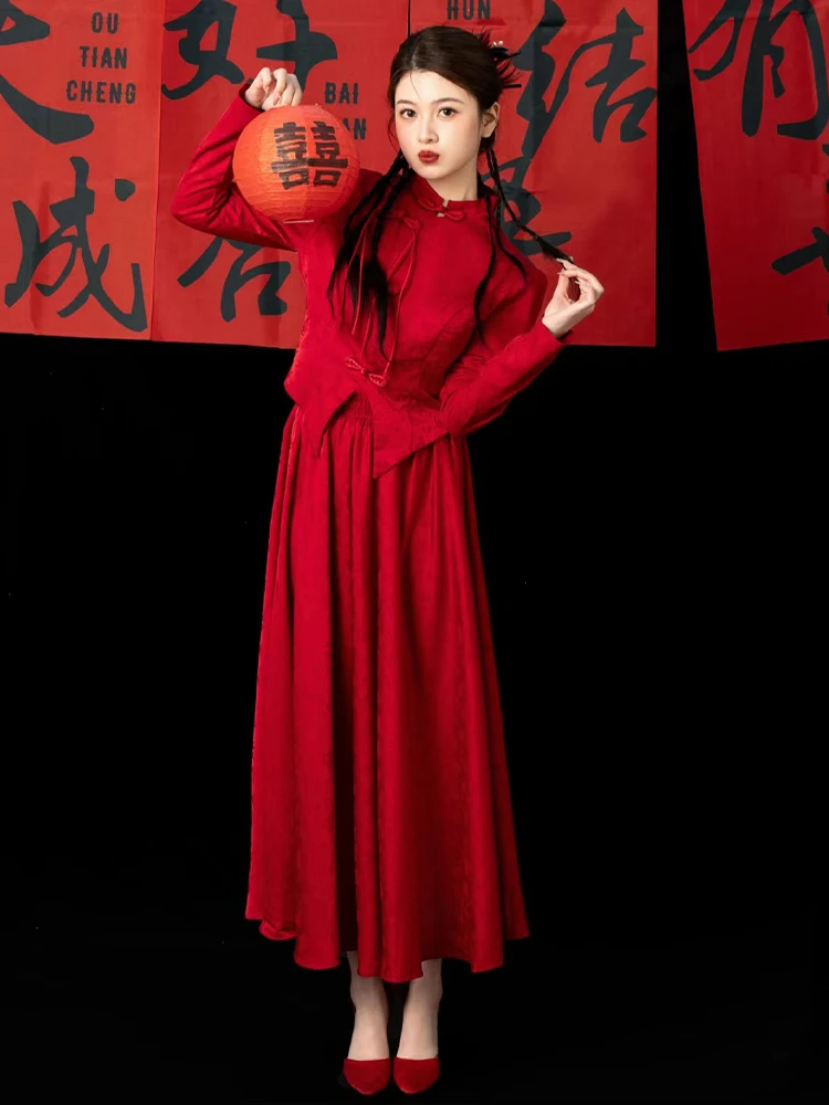 新中式订婚礼裙长袖2025早夏新娘结婚旗袍红色套装敬酒礼服高级感