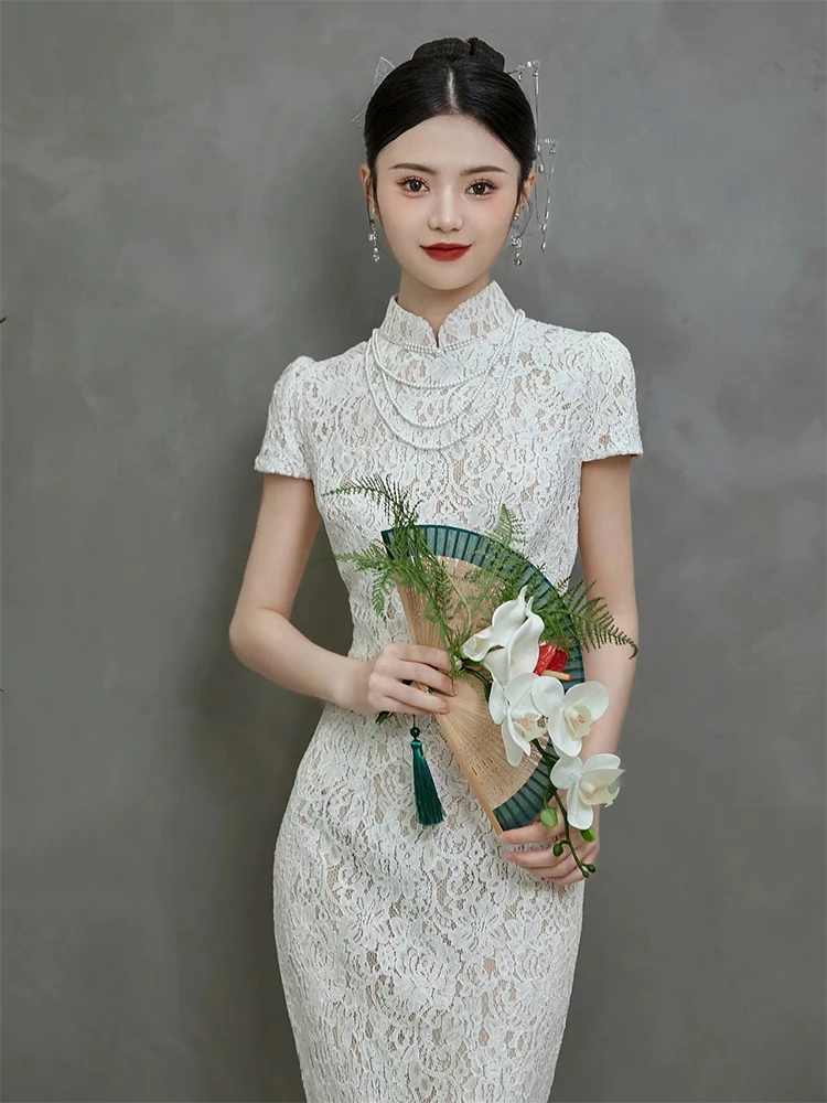 白色订婚礼服领证登记中国风鱼尾旗袍改良敬酒服蕾丝小个子连衣裙