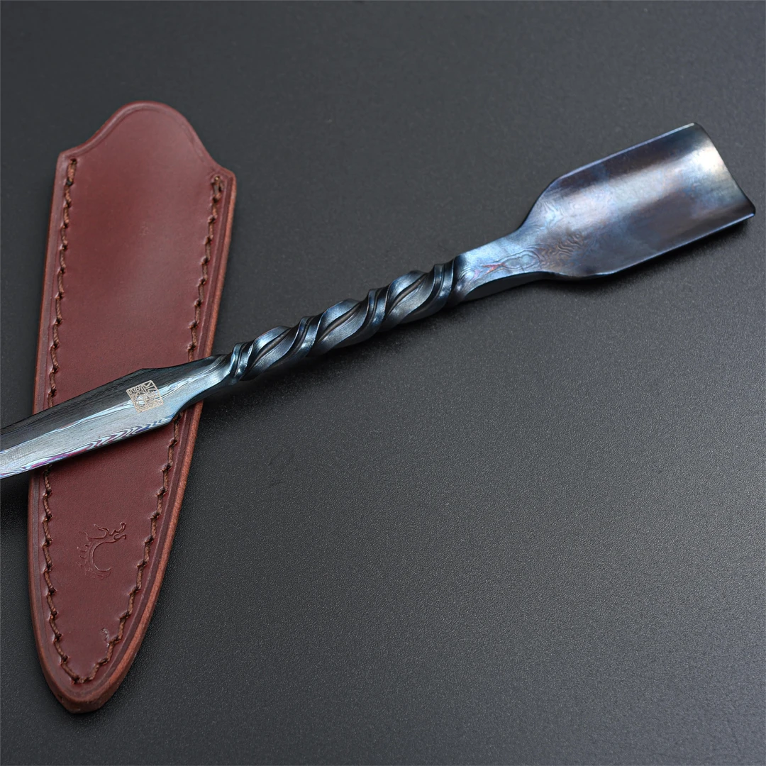 051《汇聚八方》一体百炼花纹钢茶刀.江龙制（未开刃）