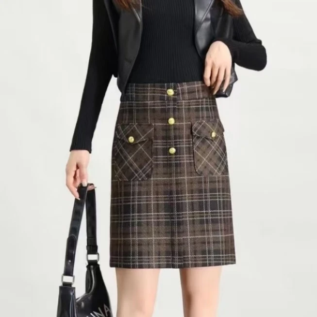秋冬季新款百搭时尚高腰格子半身裙