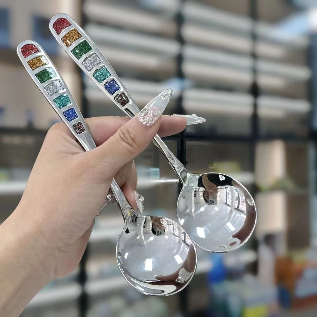 二支高档304不锈钢勺子创意长柄餐勺加厚圆勺可爱成人吃饭喝汤ins