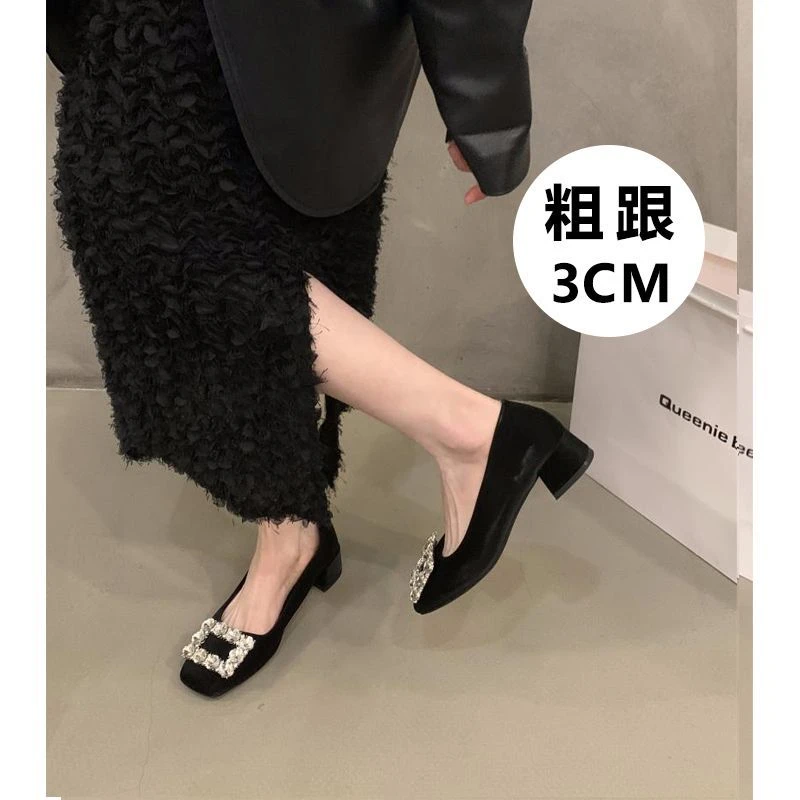 粗跟法式水钻单鞋女鞋子2025新款春秋季方头百搭黑色通勤鞋工作鞋