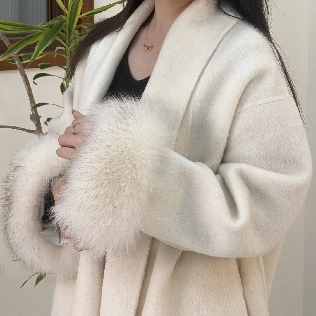 [掌上明珠]狐狸腹毛100绵羊毛浴袍大衣短款手工手缝双面503-1