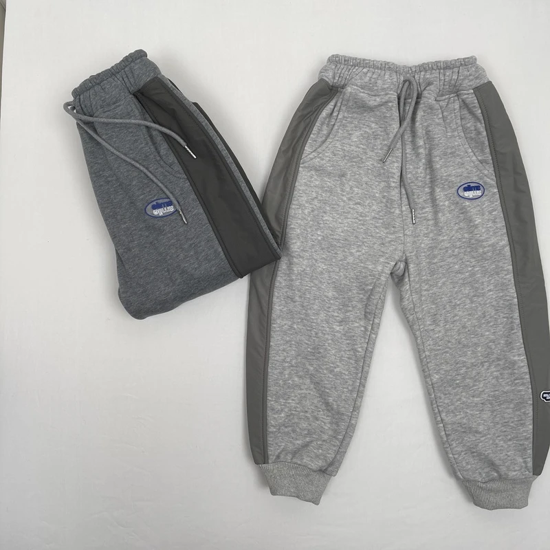 特中童冬季针织加绒灰色加厚卫裤加绒韩版百搭宽松纯色保暖长裤