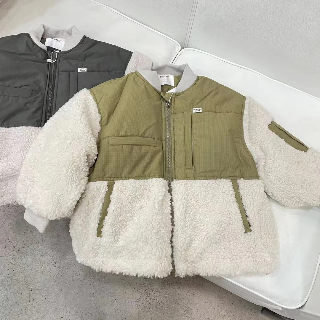 拼接时尚休闲工装韩版儿童撞色毛绒加棉保暖小童冬季外套童装加绒