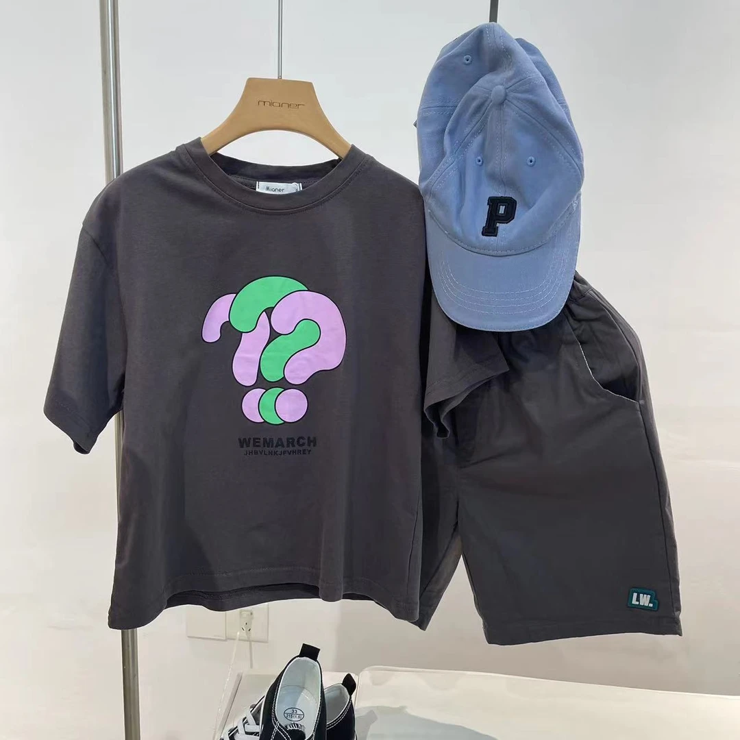 05T夏季黑色儿童套装印花问号圆领时尚T恤休闲短袖韩版夏款卡通