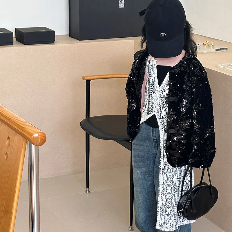【语汐】儿童小香风女童时尚黑色气质国风外套蕾丝拼接宝宝23965