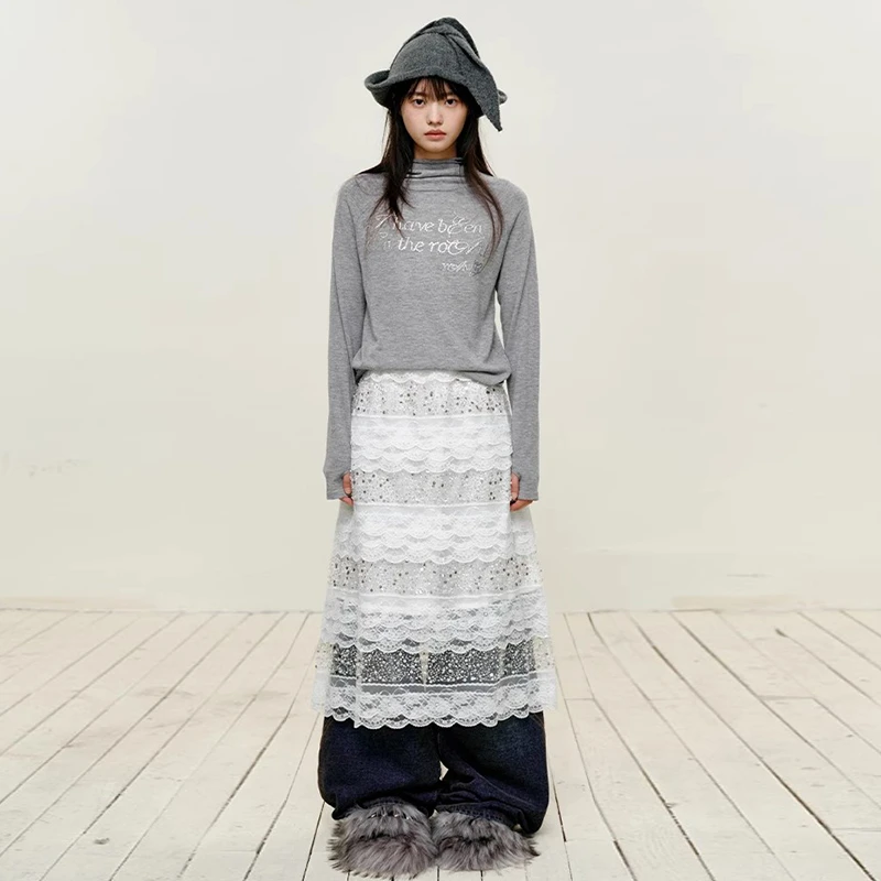 YANAG松紧腰经典百搭真两件防走光裙子层叠花边亮片高级质感半裙