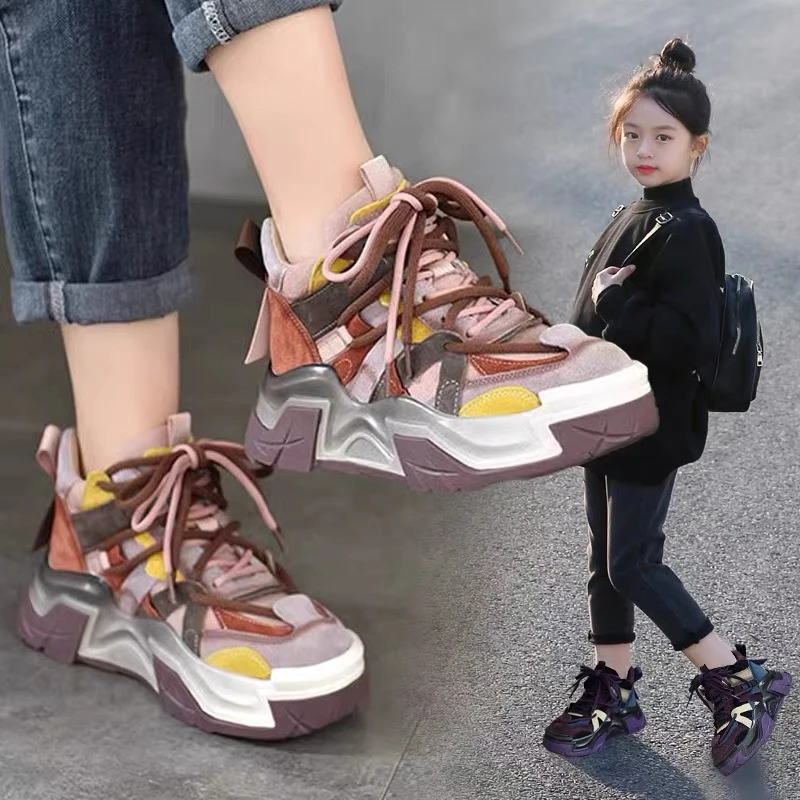 女童运动鞋2024冬季新款儿童二棉加绒高帮鞋中大童女孩学生老爹鞋