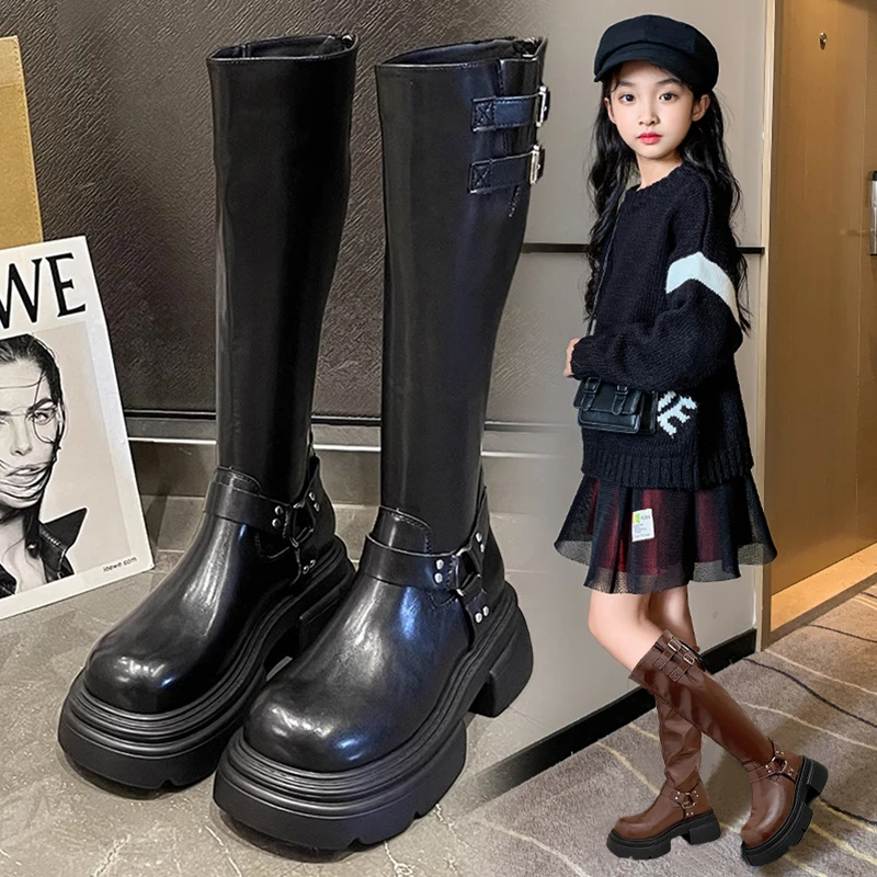 女童靴子2024秋冬新款时尚儿童女孩高筒长靴中大童女孩骑士靴春秋