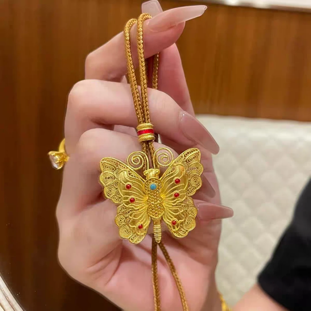 钛钢布艺项链 花丝蝴蝶项链