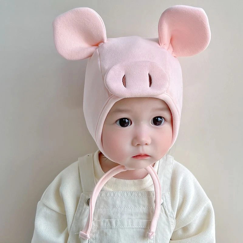 婴儿帽子秋冬季男女婴幼儿超萌可爱小猪新生初生儿纯棉护卤门胎帽