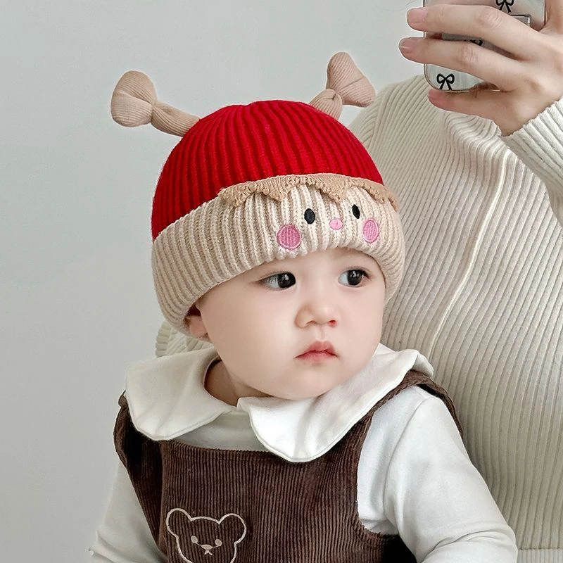 宝宝帽子秋冬季婴幼儿可爱超萌套头男女童红色针织毛线帽加厚保暖