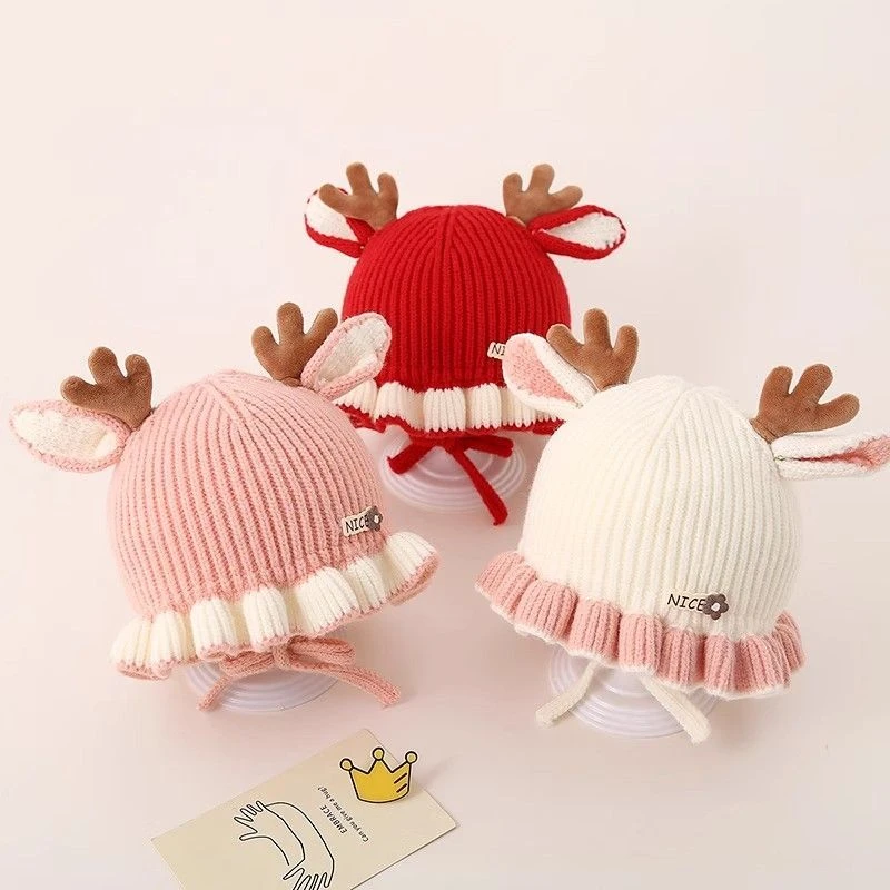 幼儿甜美公主韩版护耳帽子秋冬款婴儿花边毛线帽女宝宝渔夫帽冬季