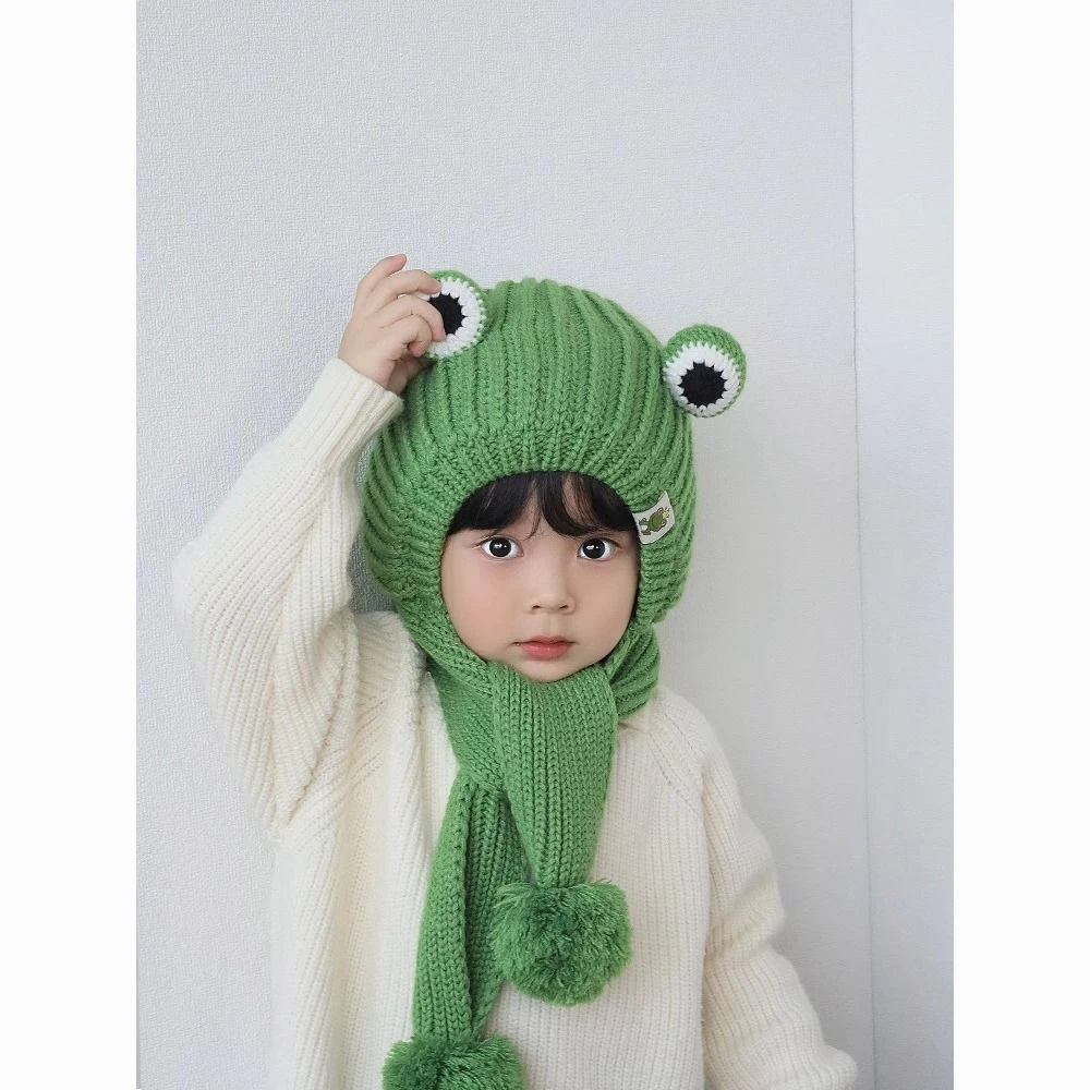 儿童秋冬毛线帽可爱青蛙加绒保暖护风男童女宝宝护耳围巾帽子一体