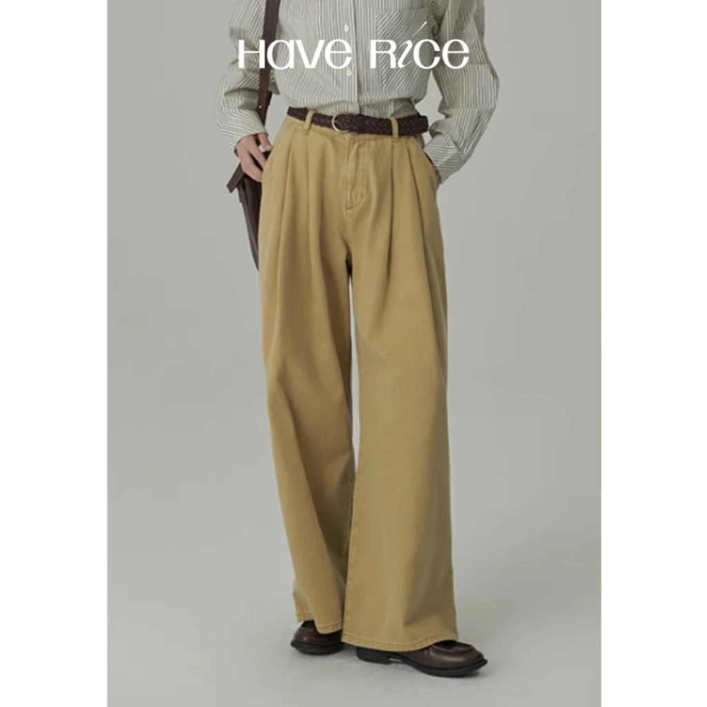 【多巴胺彩色打褶阔腿裤】HAVERICE饭馆 时尚高腰垂感阔腿牛仔裤