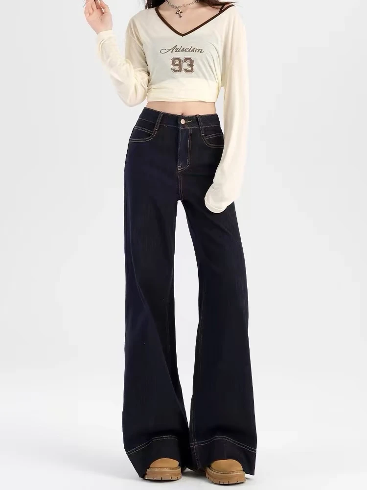 丹宁阔腿牛仔裤女冬深蓝色高腰慵懒休闲弹力直筒阔腿裤子