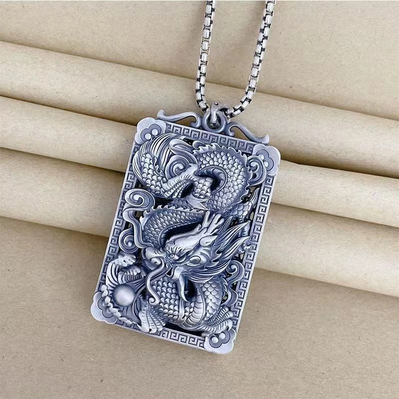 吊坠足银 【玉宏银楼】足银999龙行天下龙牌吊坠霸气复古款{单吊坠}