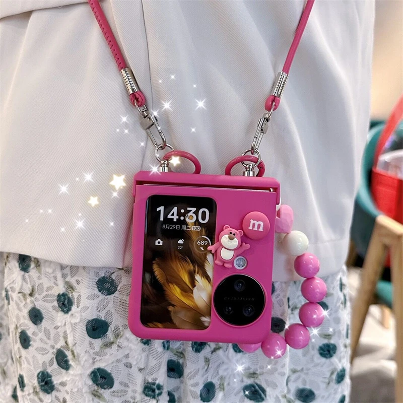 立体草莓熊适用OPPO Find N3flip折叠手机壳N2flip斜挎手链可爱硬