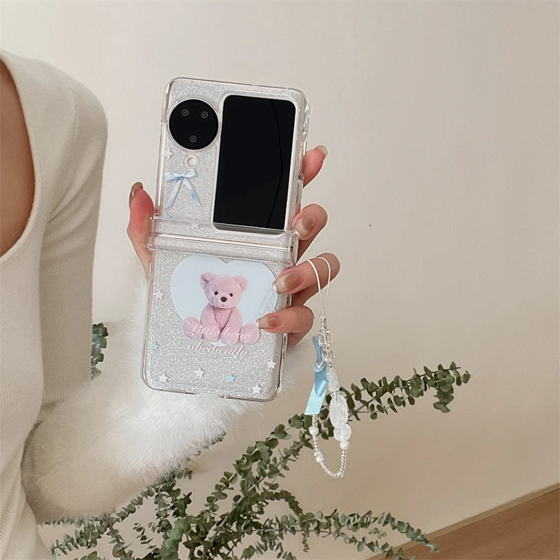 闪粉卡纸爱心小熊适用OPPO Find N3flip折叠屏手机壳N2flip全包硬