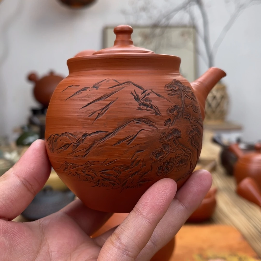 用****5常滑风月真花雕刻茶壶