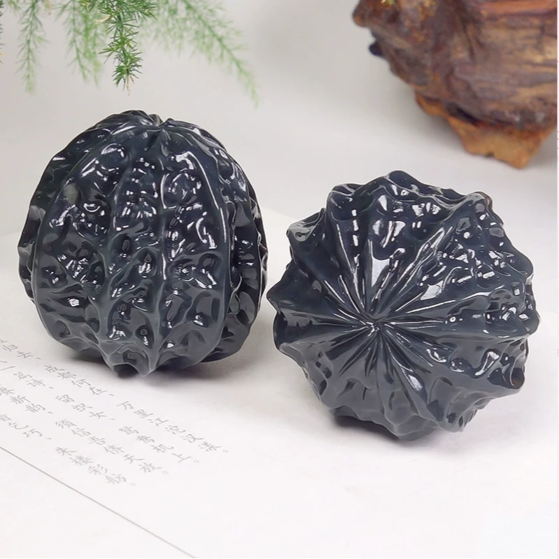 和田玉寓意大权在握墨玉核桃手把件男款文玩手玩件一对健身球玉石