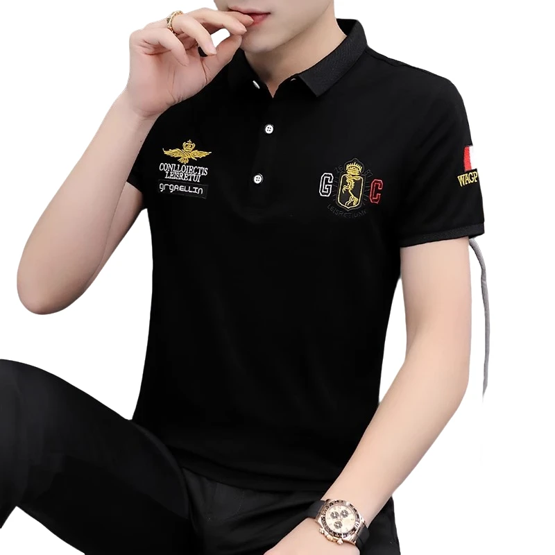 夏季棉翻领短袖t恤男士徽章刺绣衬衫领休闲英伦半袖潮流polo衫男