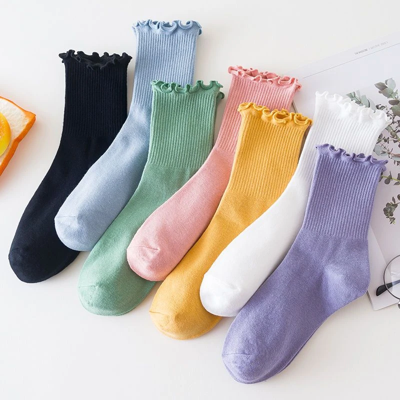 袜子女中筒袜纯色秋冬季ins潮日系木耳边堆堆袜花边韩版可爱长袜