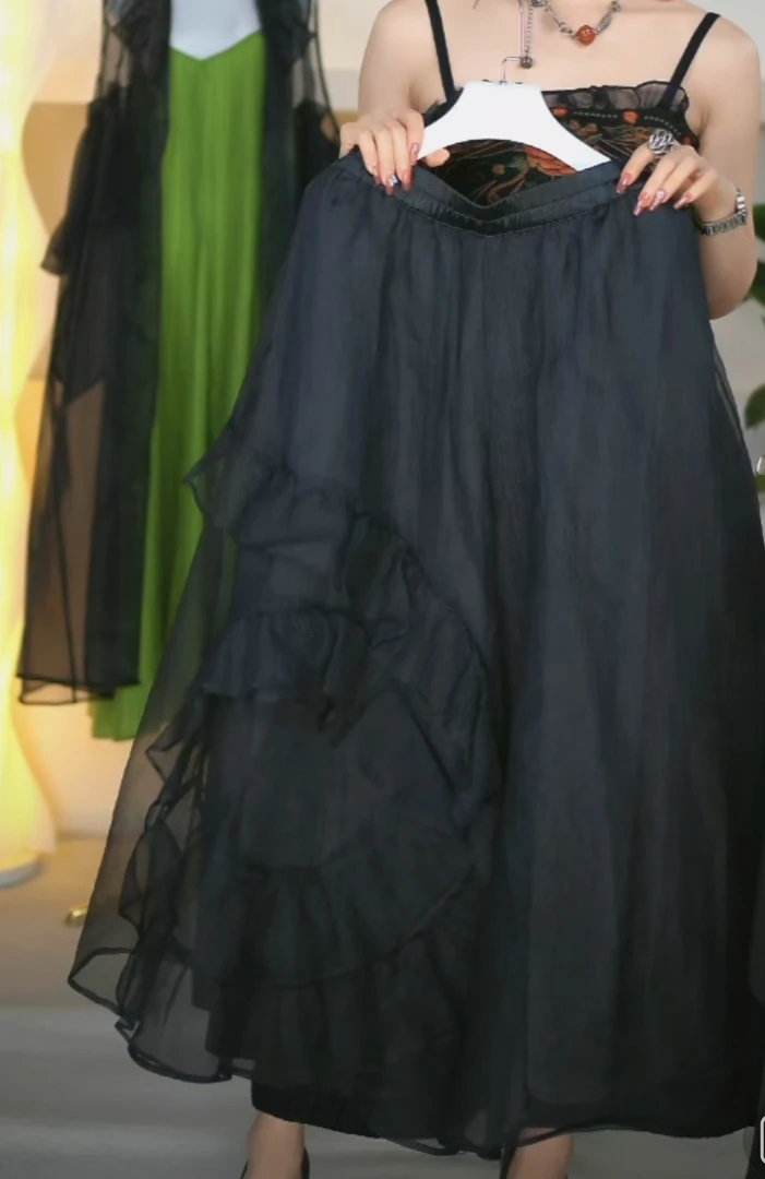 SMX24406黑色   时尚欧根纱阔腿裤406