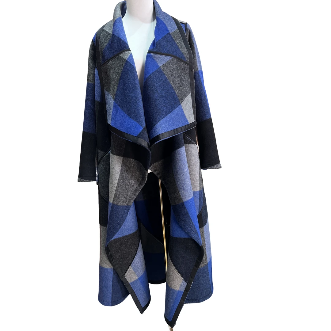 SMX24712蓝色 时尚格子翻领大衣712