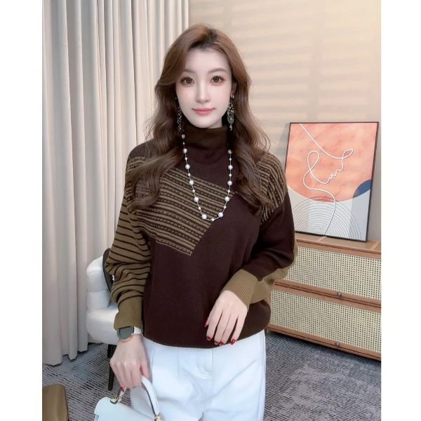 深圳南油双面两穿条纹高领针织衫女士文艺风撞色内搭毛衣上衣秋冬