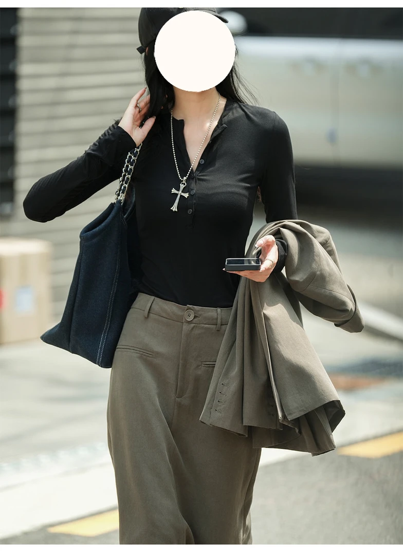 Luna7*xi黑色长袖半开领T恤女秋季新款韩系修身显瘦通勤上衣气质