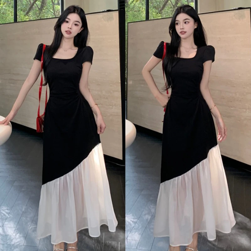 法式短袖连衣裙女夏季时尚显瘦拼接长裙微胖MM赫本风撞色裙子1555