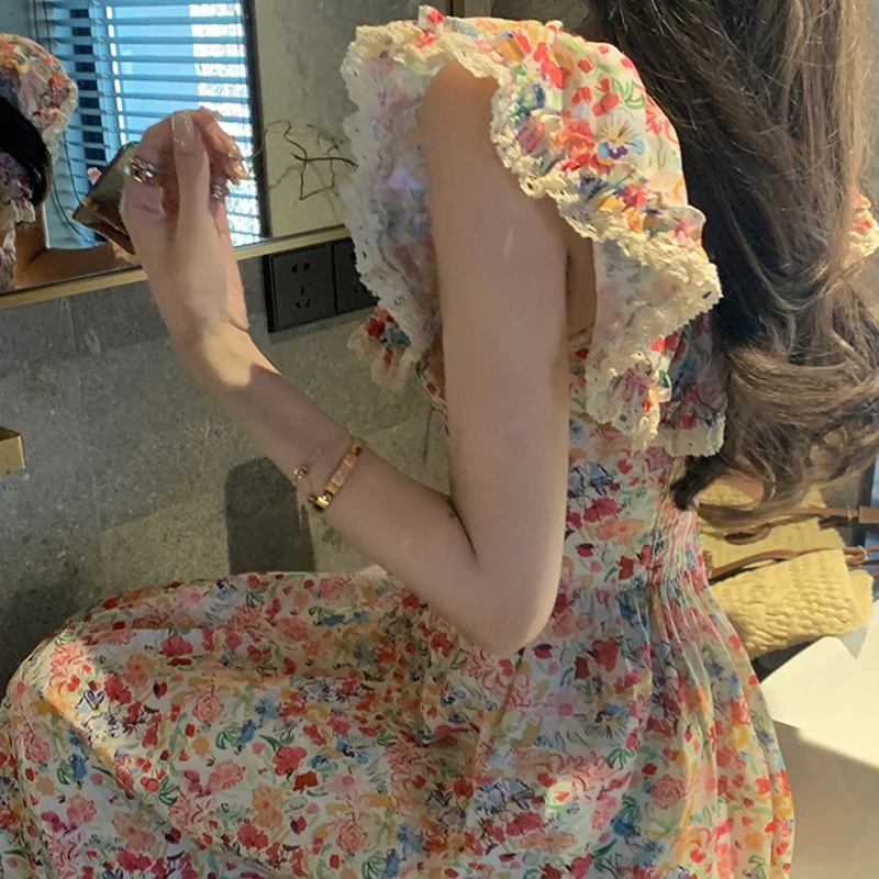 TW2024新款女装碎花方领连衣裙女修身显瘦海边度假休闲长裙子6942