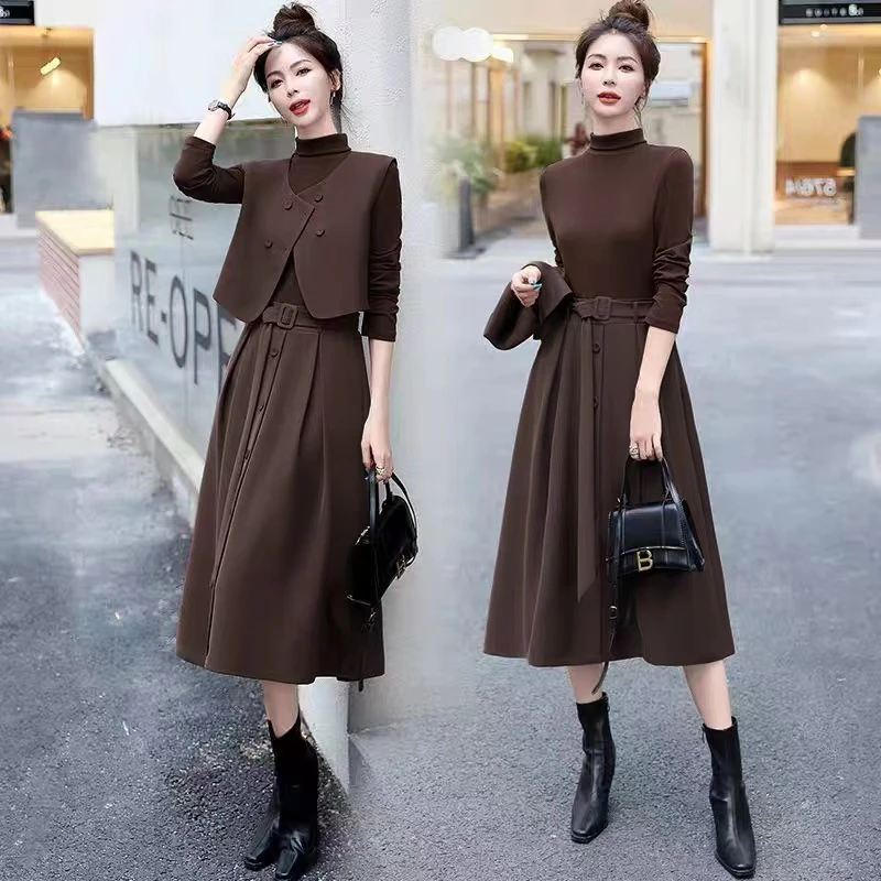 【米】2025新款气质网红高级感法式韩版马甲长袖女装连衣裙套装7882