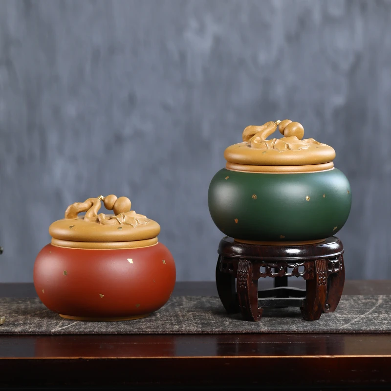 葫芦紫砂醒茶罐约装400g普洱茶罐全手工描金色密封散茶罐茶储存罐