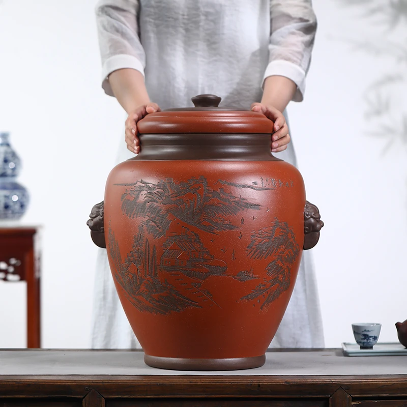 宜兴紫砂茶叶罐38饼普洱茶缸陶瓷密封存茶罐家用茶饼大号码茶叶桶