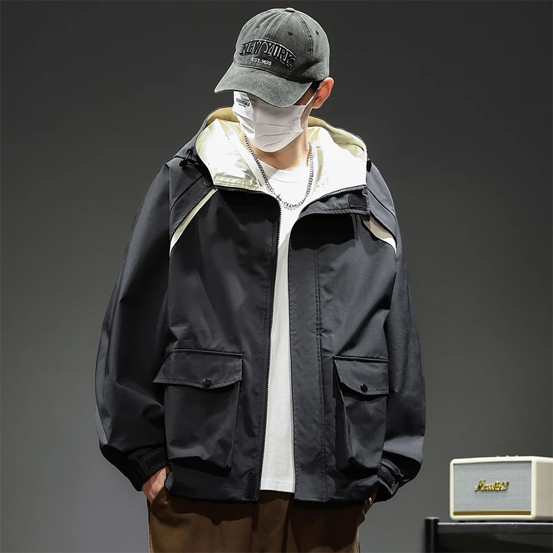 GOONJDKE男士大码休闲男外套春秋季胖子百搭连帽夹克加肥加大男装